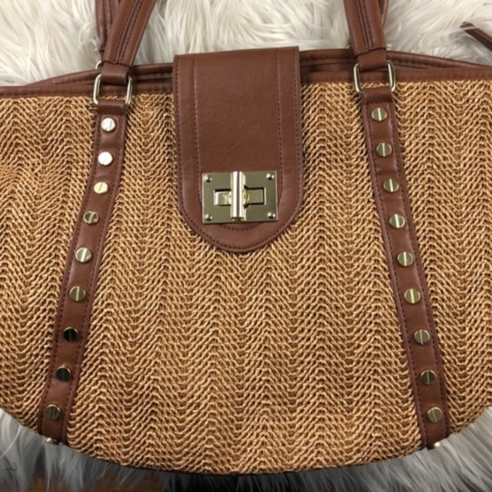 OLIVIA & JOY Studded Straw Woven Handbag